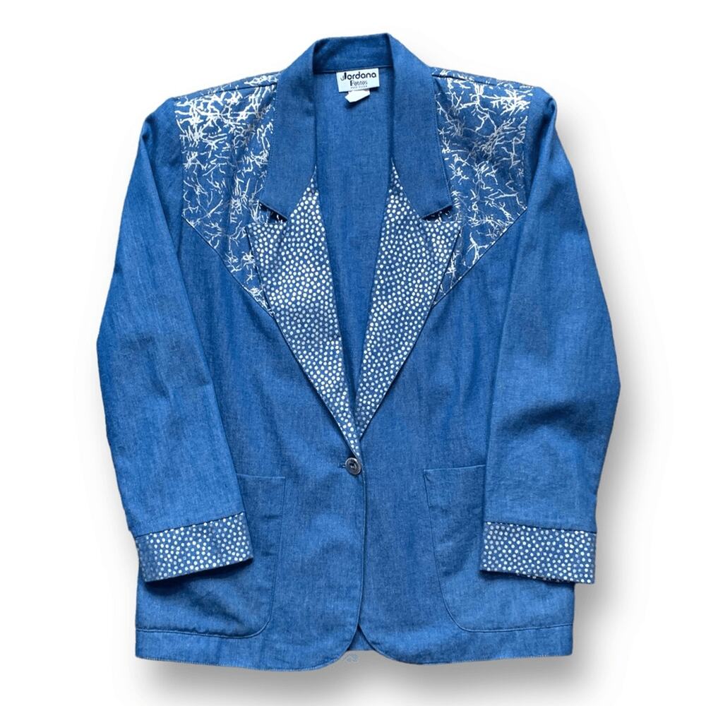 Vintage Blue Denim Blazer Silver Polka Dot Boho Western Jacket Artsy Eclectic
